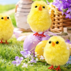 Yellow fluffy chicks with Easter eggs and a bunny in a garden setting