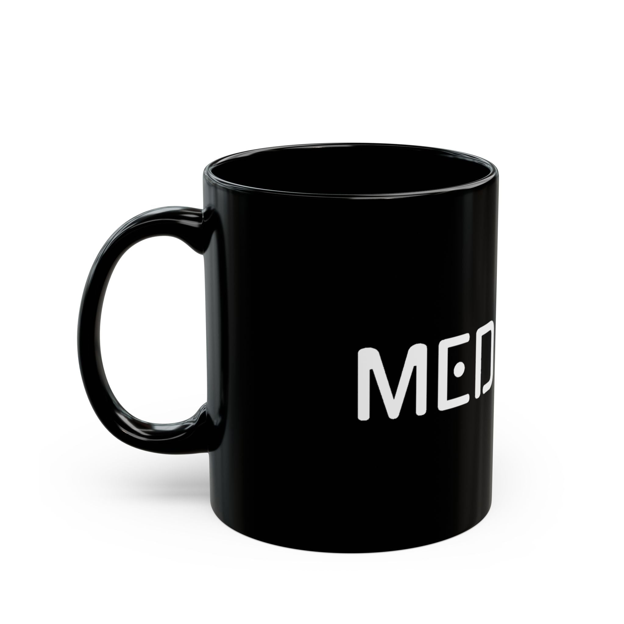 Black mug with 'MED' printed on it against a white background