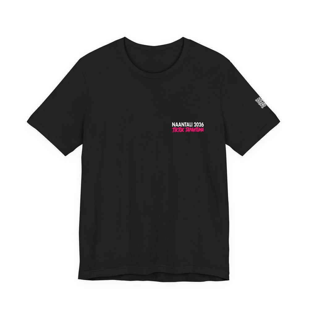 Black t-shirt with a small graphic on the chest against a white background