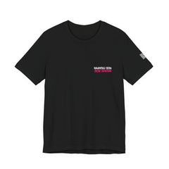 Black t-shirt with a small graphic on the chest against a white background