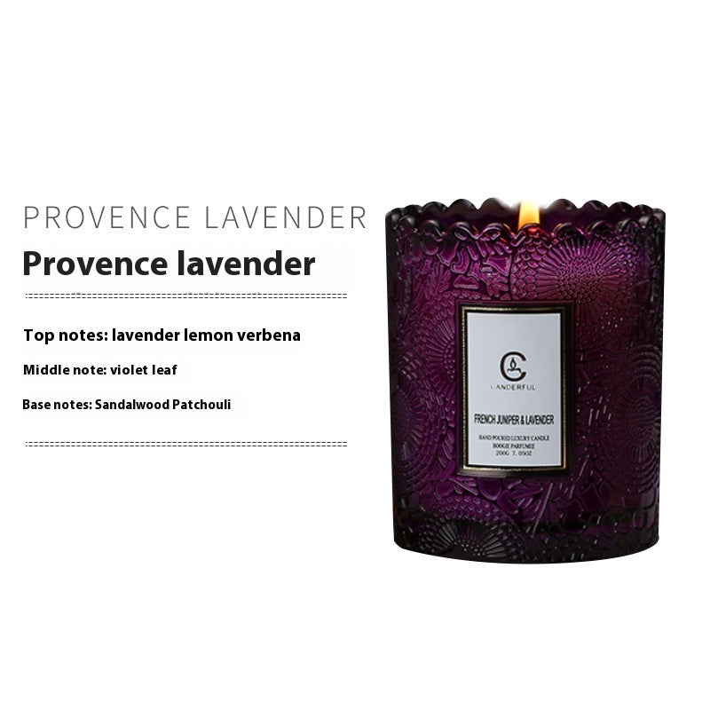 Purple candle with decorative label on a white background, featuring 'Provence Lavender' fragrance details.