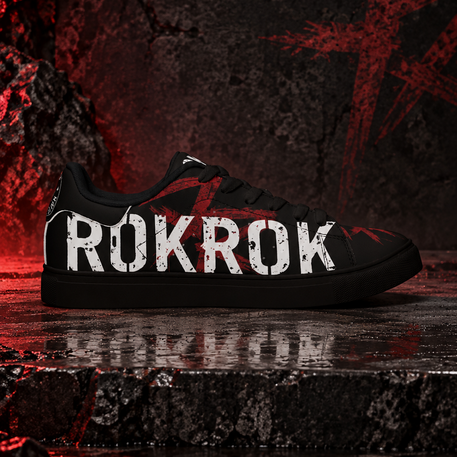 A black low-top sneaker with the word 'ROKROK' in distressed white letters across the side, set against a dark, gritty background with red lighting and reflective wet stone.