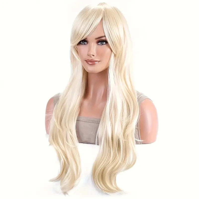 Light Golden Long Curly Wig with Bangs – Heat-Resistant Cosplay Wig for Halloween & Parties