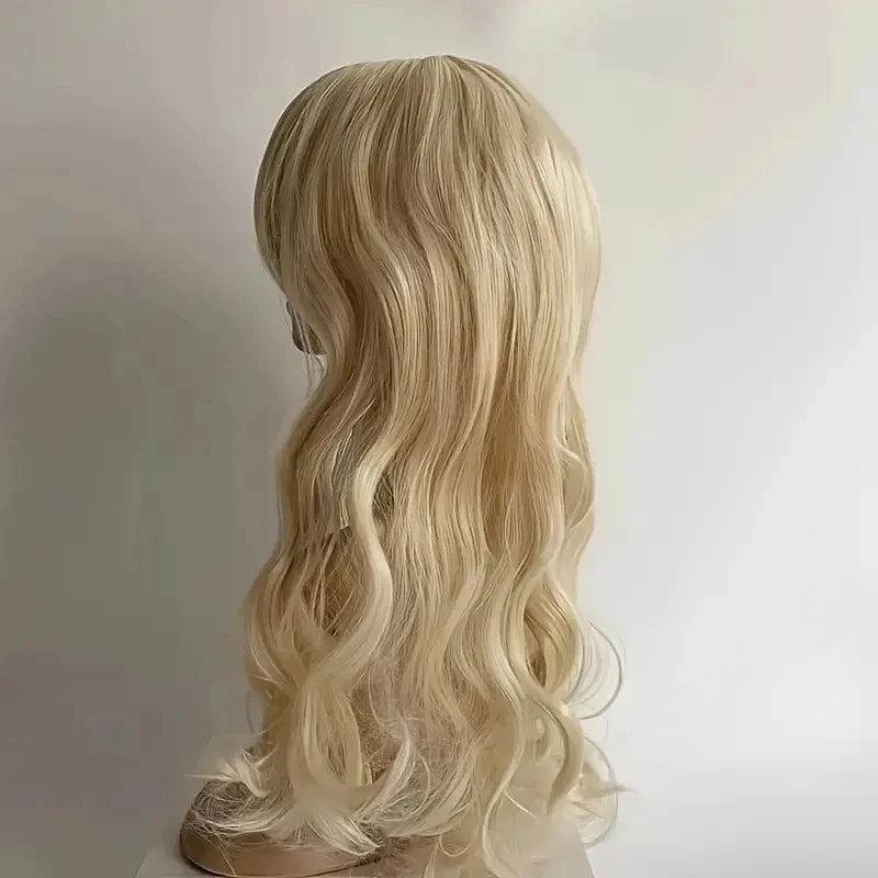 Light Golden Long Curly Wig with Bangs – Heat-Resistant Cosplay Wig for Halloween & Parties