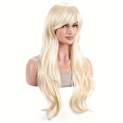 Light Golden Long Curly Wig with Bangs – Heat-Resistant Cosplay Wig for Halloween & Parties