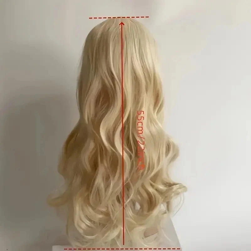 Light Golden Long Curly Wig with Bangs – Heat-Resistant Cosplay Wig for Halloween & Parties