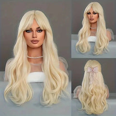 Light Golden Long Curly Wig with Bangs – Heat-Resistant Cosplay Wig for Halloween & Parties