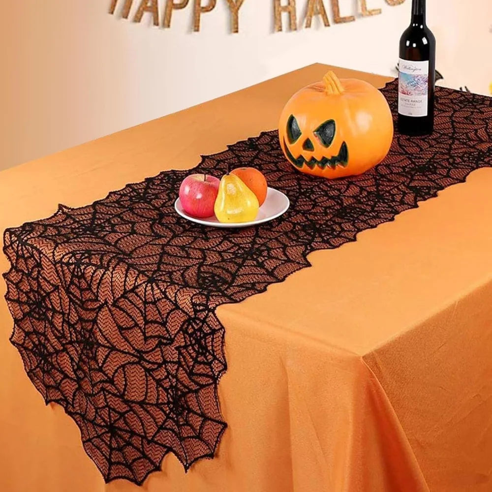Black Lace Spider Web Halloween Table Runner - candletown.net