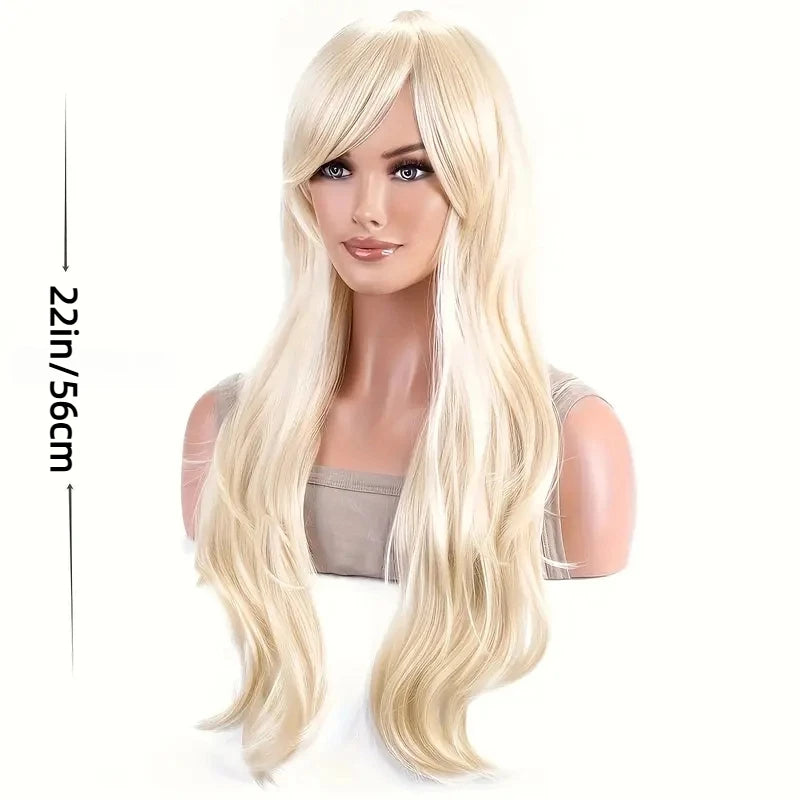 Light Golden Long Curly Wig with Bangs – Heat-Resistant Cosplay Wig for Halloween & Parties