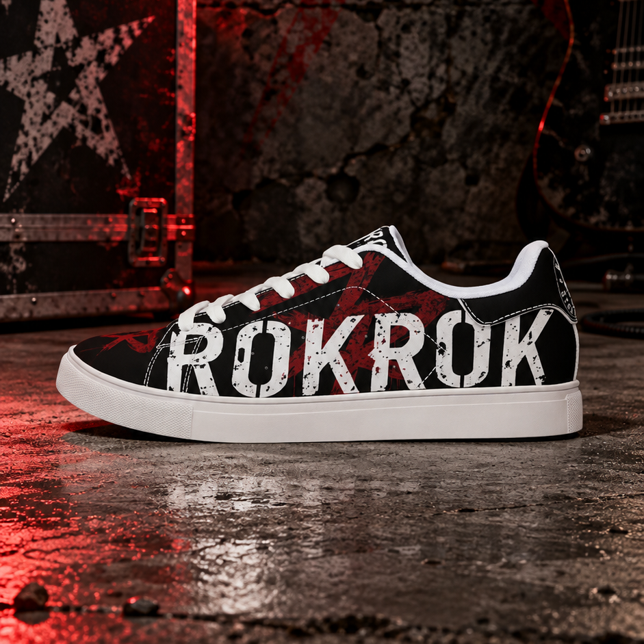 A black low-top sneaker with 'ROKROK' printed in distressed white letters across the side, set against a dark, industrial background with red lighting and a rock star theme.