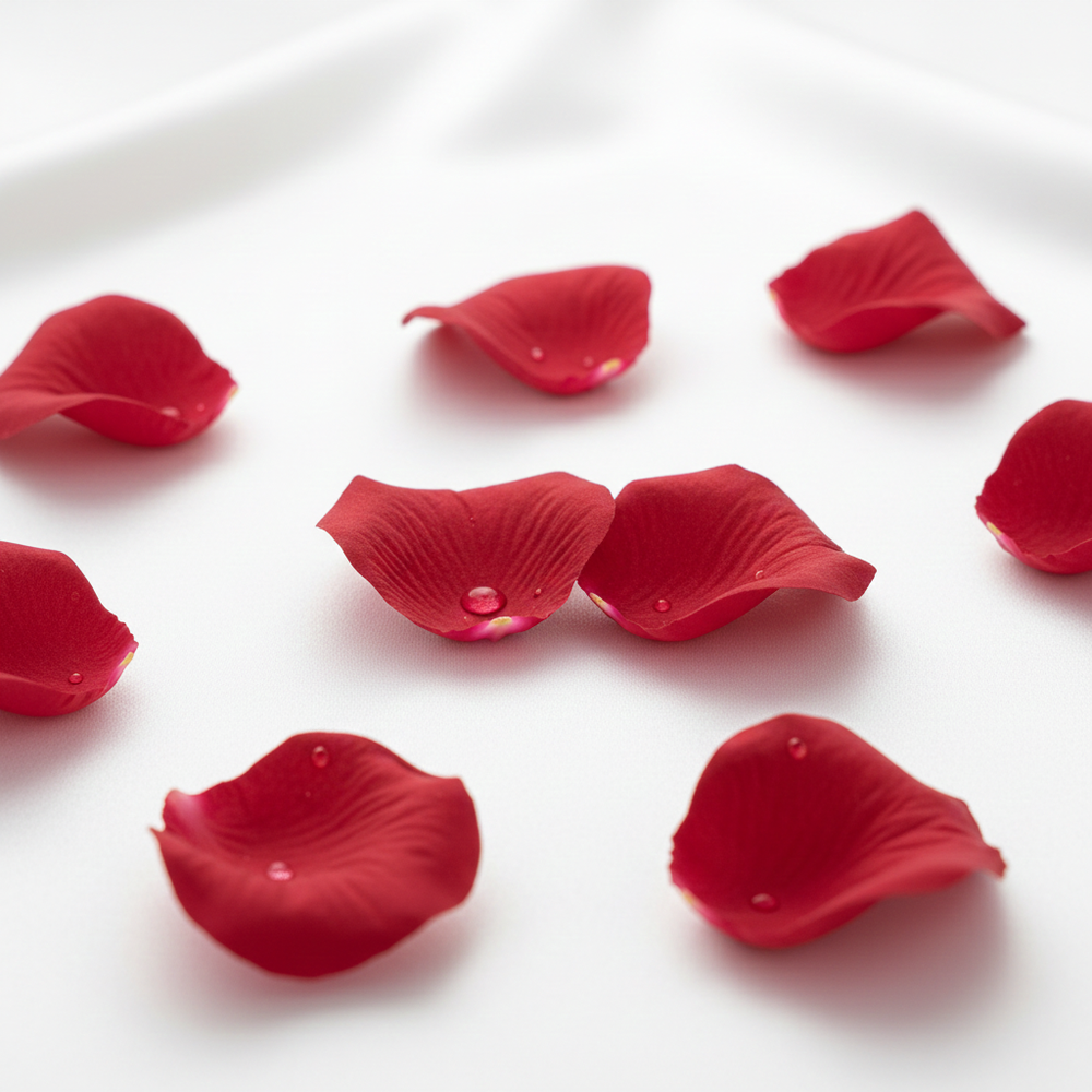 Red rose petals scattered on a white surface