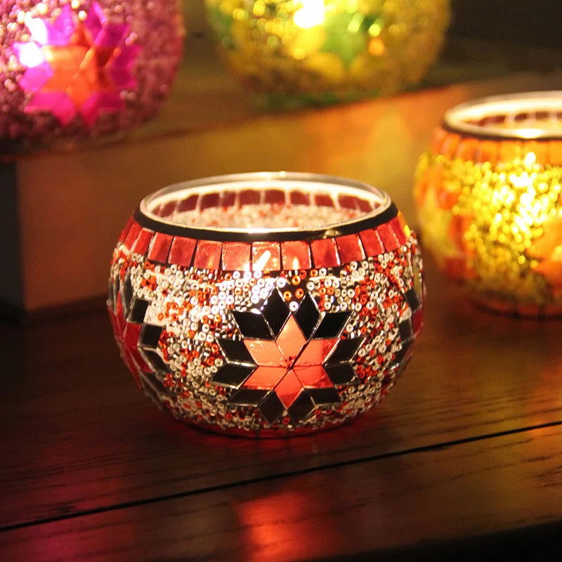 Colorful Snowflake Mosaic Glass Candle Holder - Home Decoration Candlestick in Various Colors - candletown.net