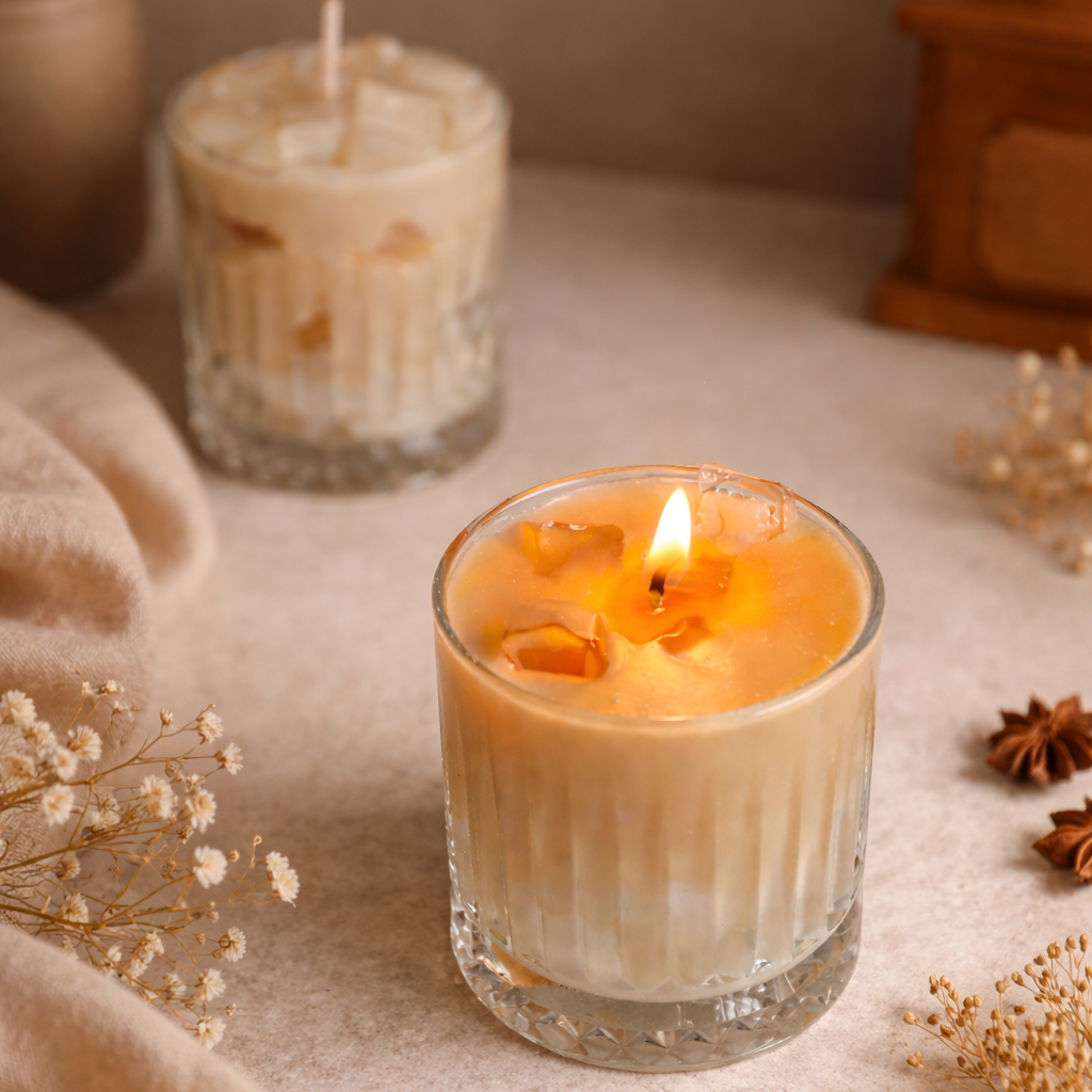 Candle in a glass holder with a soft glow, surrounded by decorative elements on a neutral background