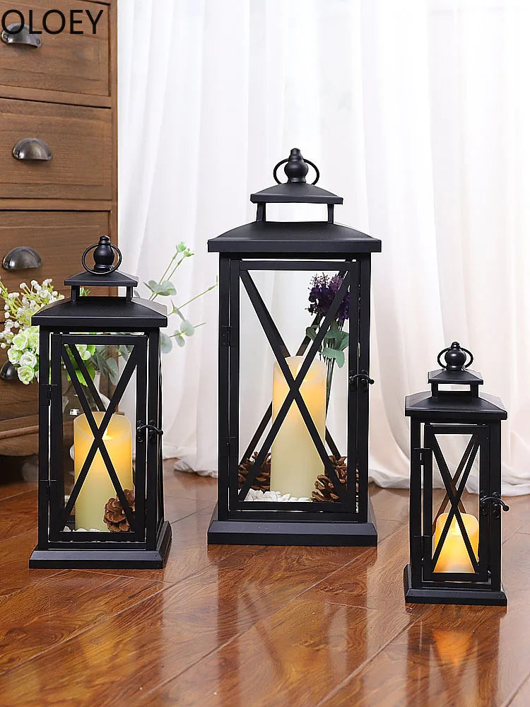 Black Glass Candle Lantern – Large Iron Candle Holder