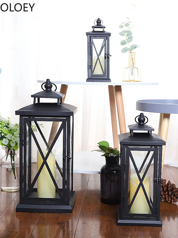 Black Glass Candle Lantern – Large Iron Candle Holder