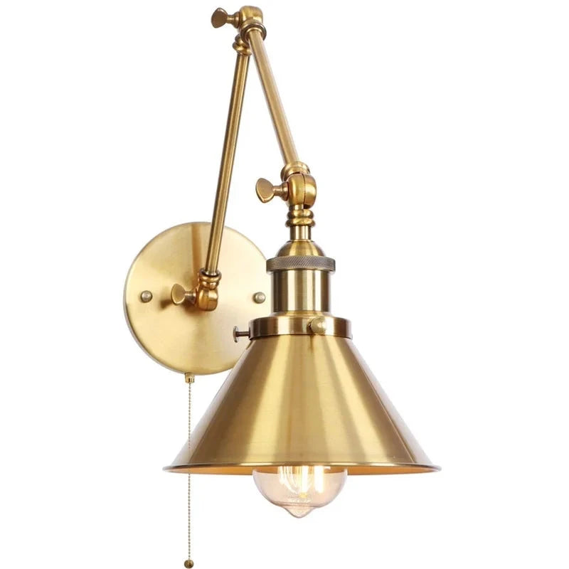 IWHD Long Arm LED Wall Light Sconce Gold Pull Chain Switch Hallway Bedroom Living Room Iron Industrial Adjustable Bedside Lamp - candletown.net