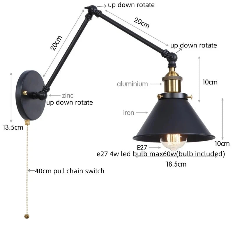 IWHD Long Arm LED Wall Light Sconce Gold Pull Chain Switch Hallway Bedroom Living Room Iron Industrial Adjustable Bedside Lamp - candletown.net