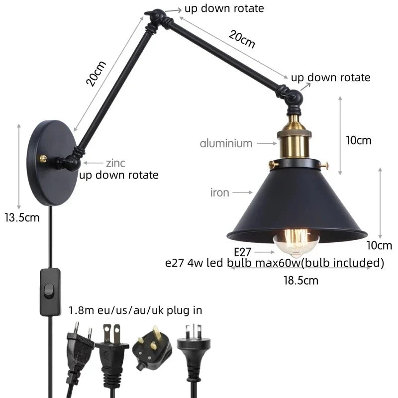 IWHD Long Arm LED Wall Light Sconce Gold Pull Chain Switch Hallway Bedroom Living Room Iron Industrial Adjustable Bedside Lamp - candletown.net