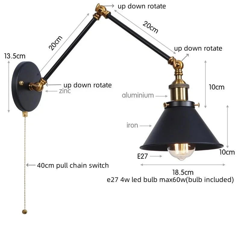 IWHD Long Arm LED Wall Light Sconce Gold Pull Chain Switch Hallway Bedroom Living Room Iron Industrial Adjustable Bedside Lamp - candletown.net