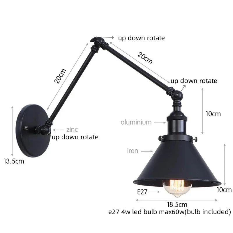 IWHD Long Arm LED Wall Light Sconce Gold Pull Chain Switch Hallway Bedroom Living Room Iron Industrial Adjustable Bedside Lamp - candletown.net