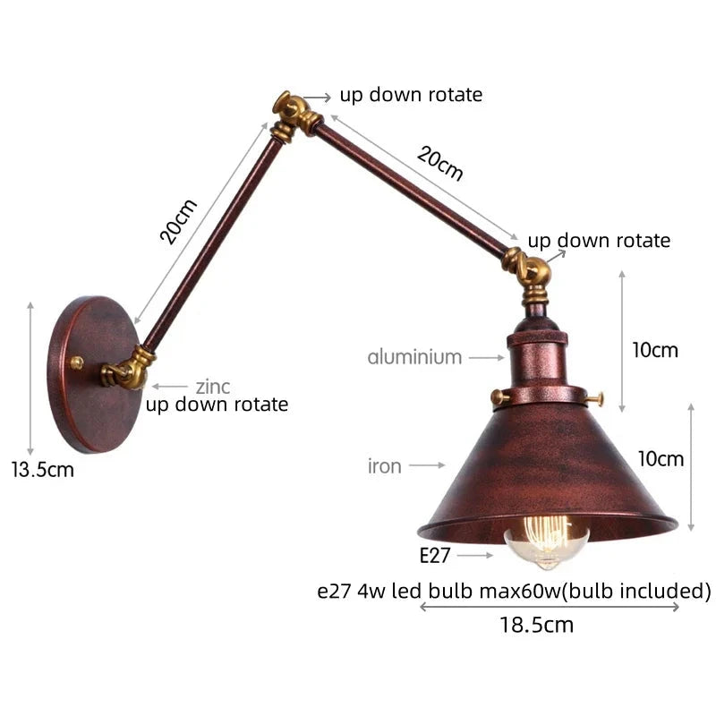 IWHD Long Arm LED Wall Light Sconce Gold Pull Chain Switch Hallway Bedroom Living Room Iron Industrial Adjustable Bedside Lamp - candletown.net