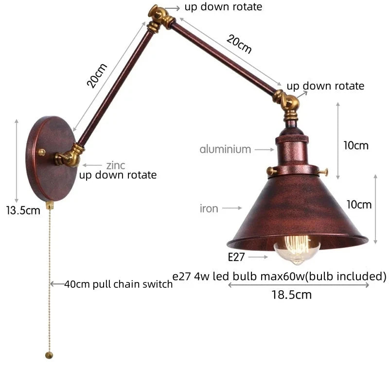 IWHD Long Arm LED Wall Light Sconce Gold Pull Chain Switch Hallway Bedroom Living Room Iron Industrial Adjustable Bedside Lamp - candletown.net