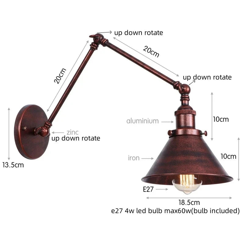 IWHD Long Arm LED Wall Light Sconce Gold Pull Chain Switch Hallway Bedroom Living Room Iron Industrial Adjustable Bedside Lamp - candletown.net