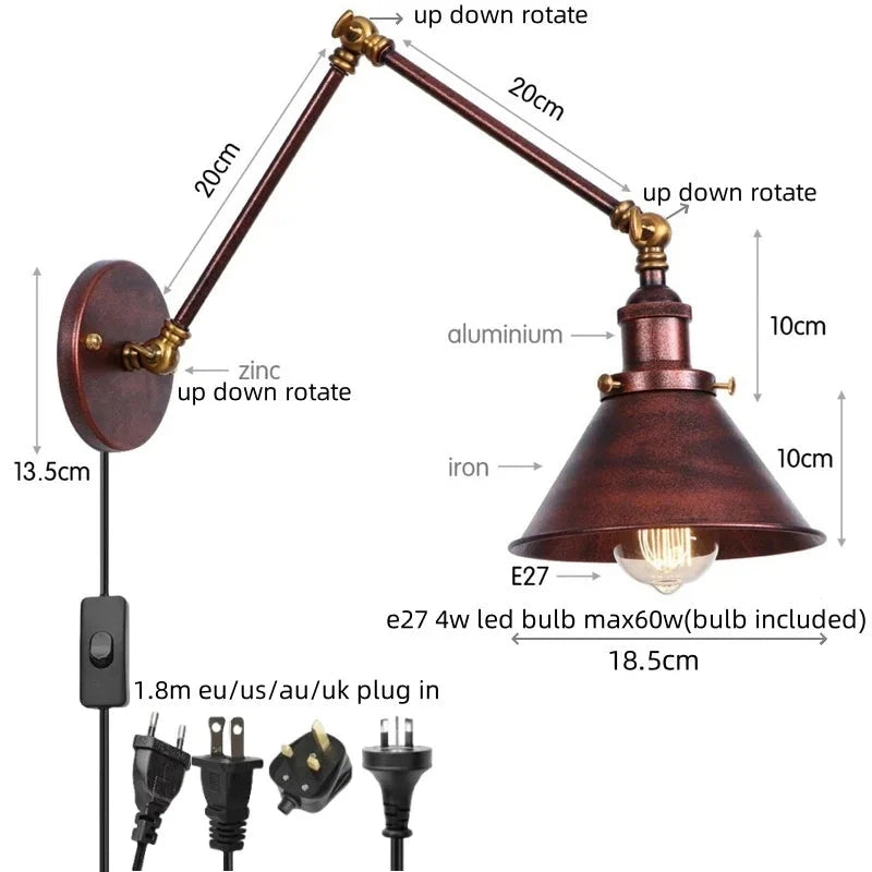 IWHD Long Arm LED Wall Light Sconce Gold Pull Chain Switch Hallway Bedroom Living Room Iron Industrial Adjustable Bedside Lamp - candletown.net