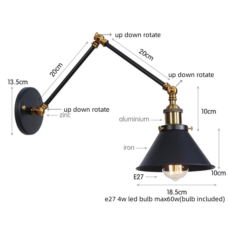 IWHD Long Arm LED Wall Light Sconce Gold Pull Chain Switch Hallway Bedroom Living Room Iron Industrial Adjustable Bedside Lamp - candletown.net