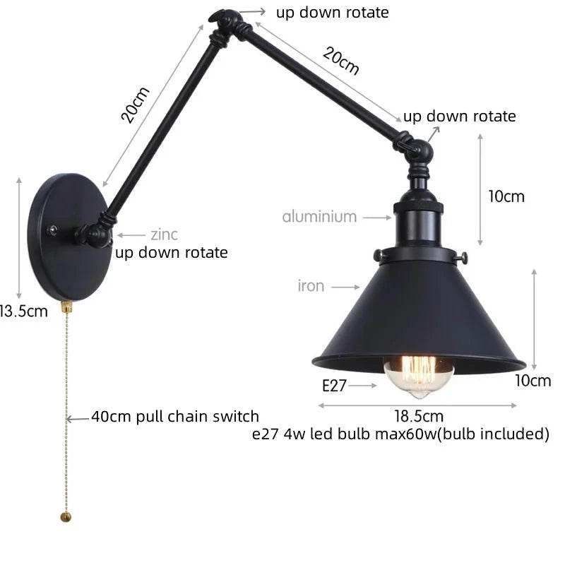 IWHD Long Arm LED Wall Light Sconce Gold Pull Chain Switch Hallway Bedroom Living Room Iron Industrial Adjustable Bedside Lamp - candletown.net