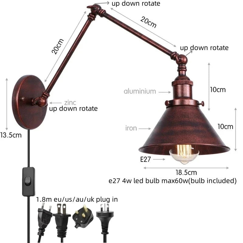 IWHD Long Arm LED Wall Light Sconce Gold Pull Chain Switch Hallway Bedroom Living Room Iron Industrial Adjustable Bedside Lamp - candletown.net