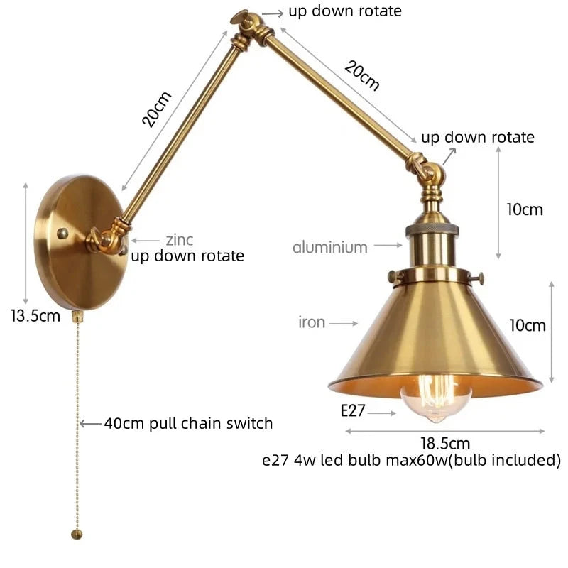 IWHD Long Arm LED Wall Light Sconce Gold Pull Chain Switch Hallway Bedroom Living Room Iron Industrial Adjustable Bedside Lamp - candletown.net