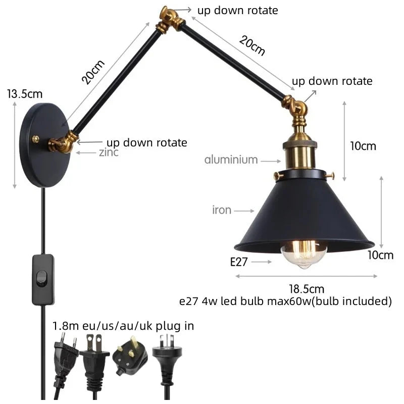 IWHD Long Arm LED Wall Light Sconce Gold Pull Chain Switch Hallway Bedroom Living Room Iron Industrial Adjustable Bedside Lamp - candletown.net