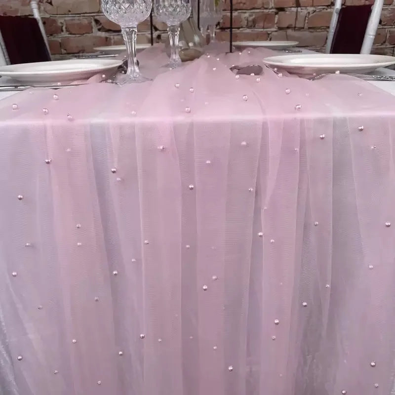 White Pearl Table Runner – Lace Tulle Wedding Decor