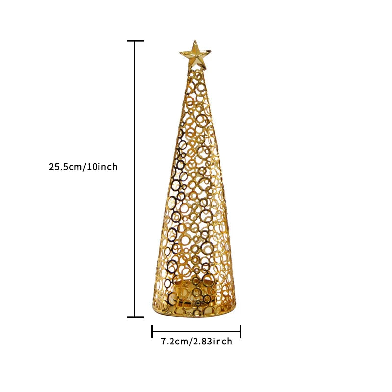 Gold decorative Christmas tree with star on top and measurements indicated