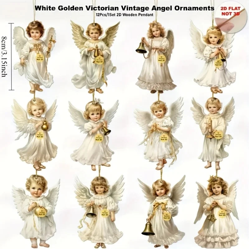 12pcs Vintage Christmas Angel Wooden Pendants