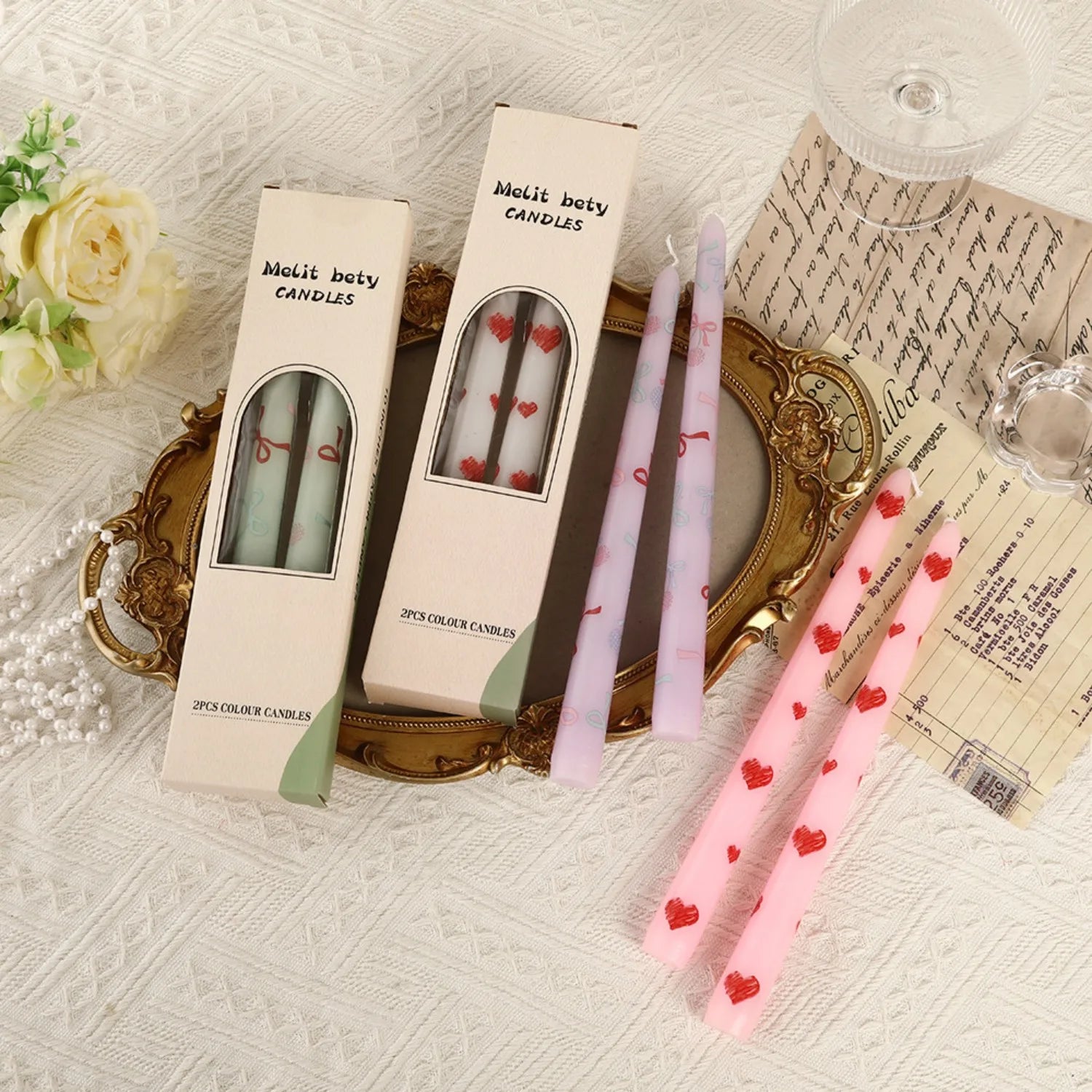 Printed Taper Candles with Cherry & Heart Design - candletown.net