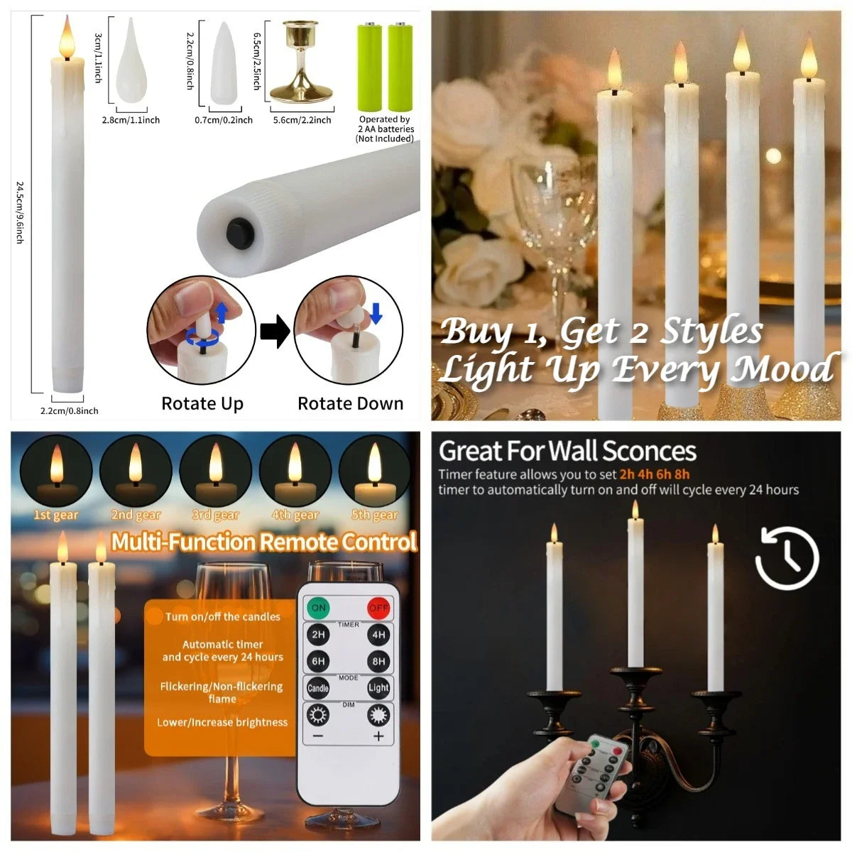 6Pcs Flameless LED Taper Candle Set with Timer and Holders