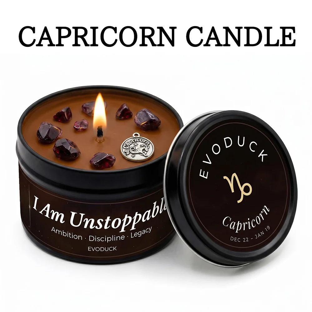 Capricorn candle with 'I Am Unstoppable' text and Evoduck branding on a white background