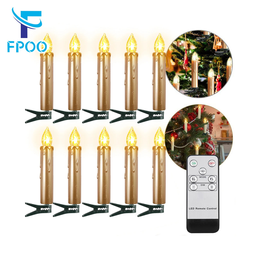 Set of LED candle lights with remote control on a white background, featuring the brand 'FPOO'.