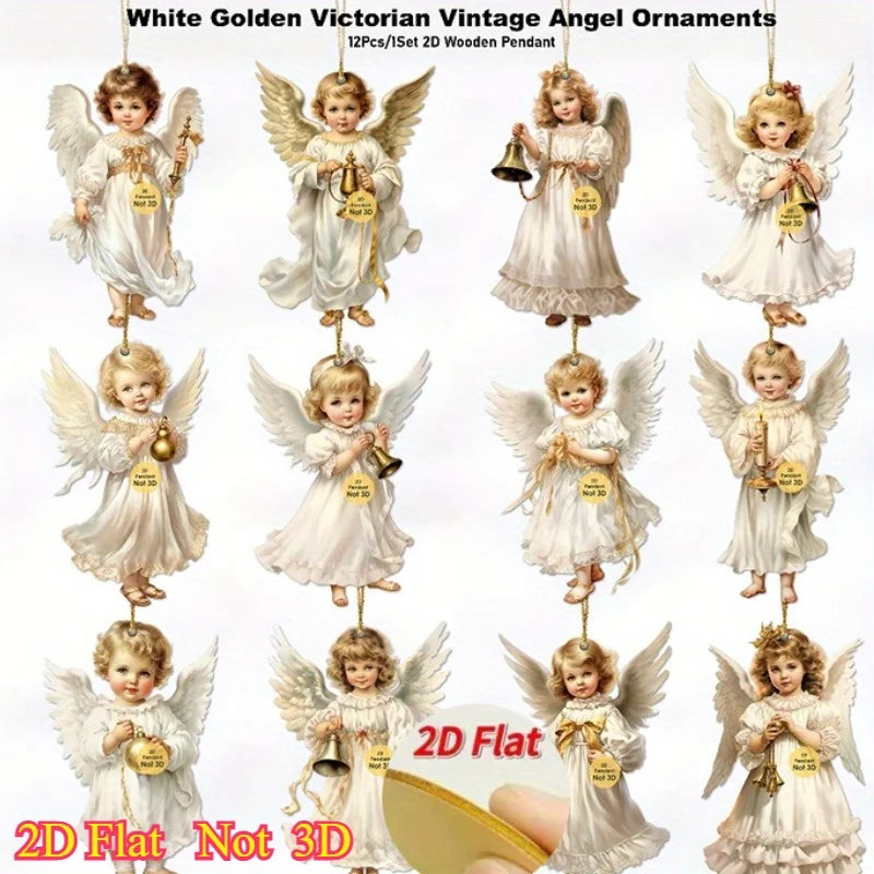 12pcs Vintage Christmas Angel Wooden Pendants