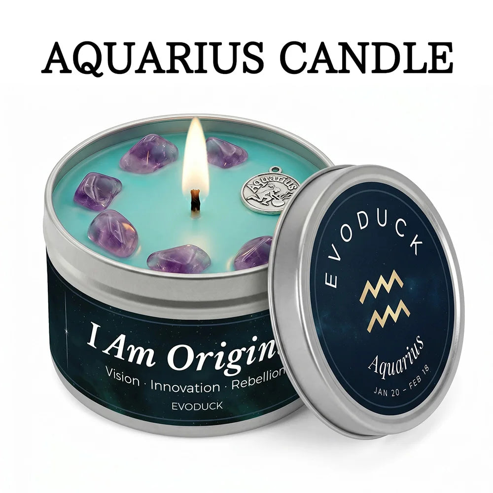 Aquarius candle in a tin with a lit candle inside, featuring the brand 'EVODUCK'.