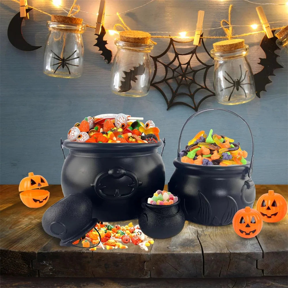 Black Plastic Cauldron Candy Bucket – Halloween Trick or Treat Jar