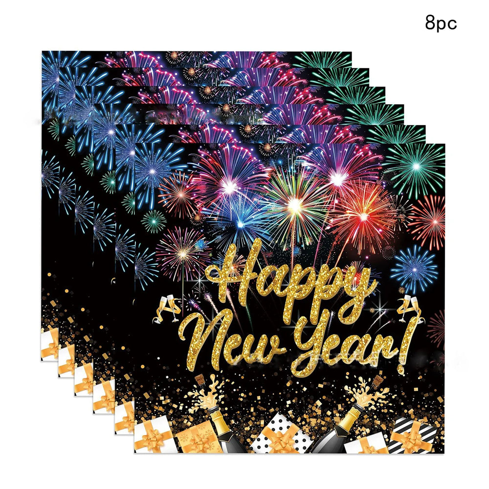 Pack of 'Happy New Year!' placemats with fireworks design on a black background.