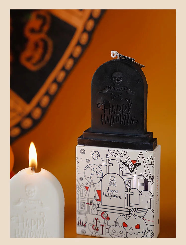 Halloween Kynttiläsarja – Käsintehdyt Tuoksukynttilät (Kallo, Kurpitsa, Hautakivi)