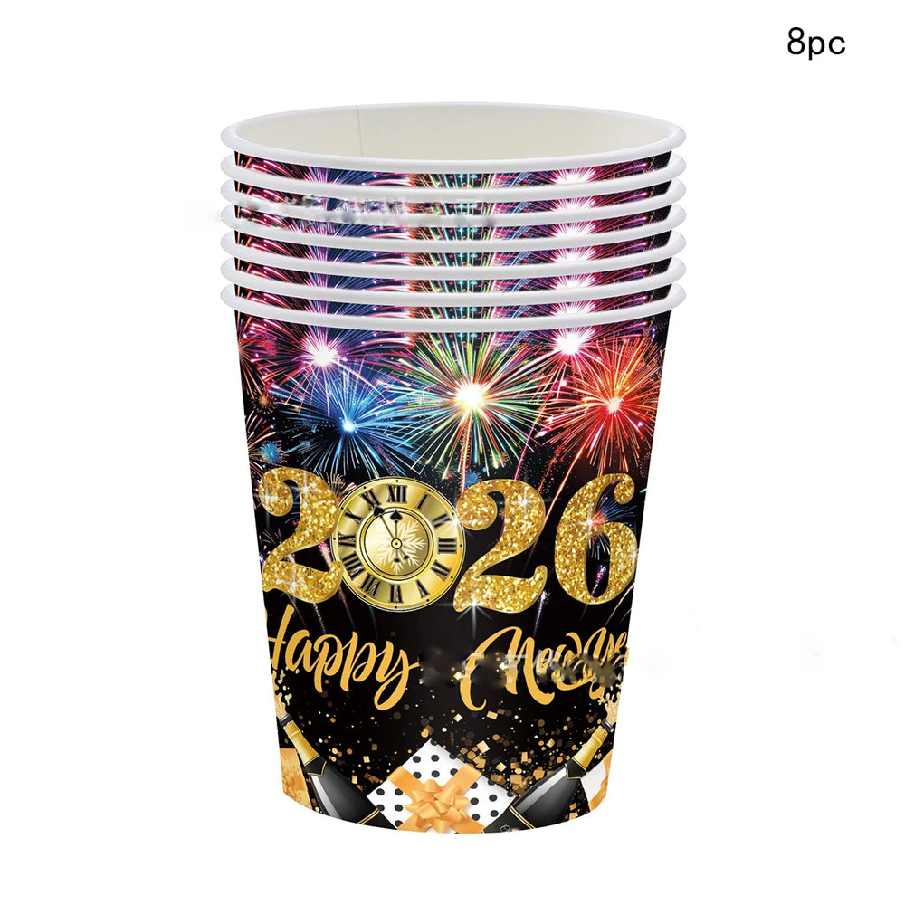 Set of eight New Year's Eve paper cups with fireworks and 'Happy New Year 2026' design.