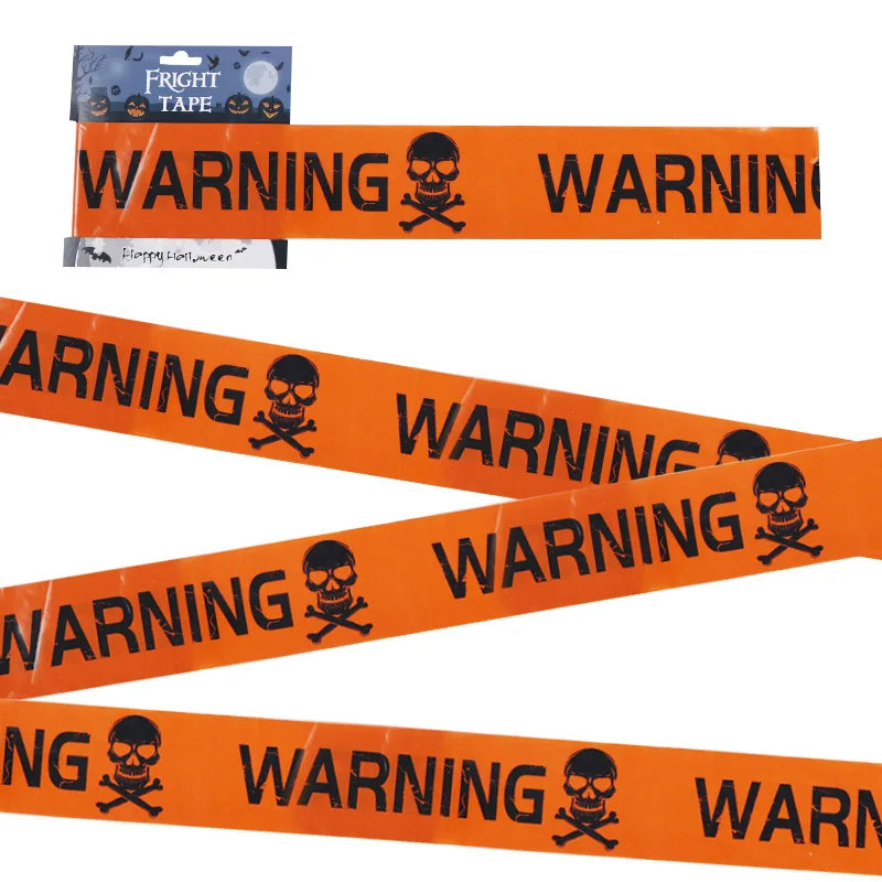 Orange warning tape with black text and skull symbols on a white background