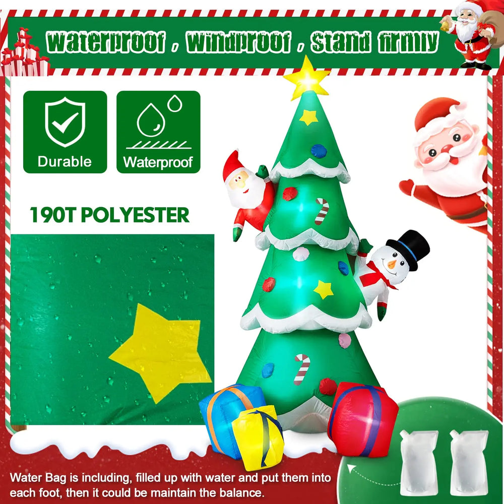 Inflatable Christmas tree with Santa Claus and snowman decorations, featuring waterproof and durable properties.