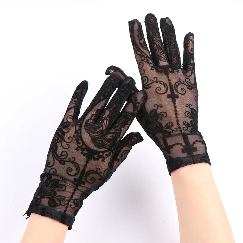 Skeleton Cross Lace Fingerless Gloves – Halloween Cosplay Accessory