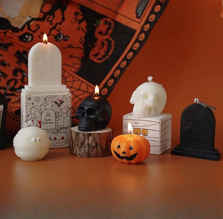 Halloween Kynttiläsarja – Käsintehdyt Tuoksukynttilät (Kallo, Kurpitsa, Hautakivi)